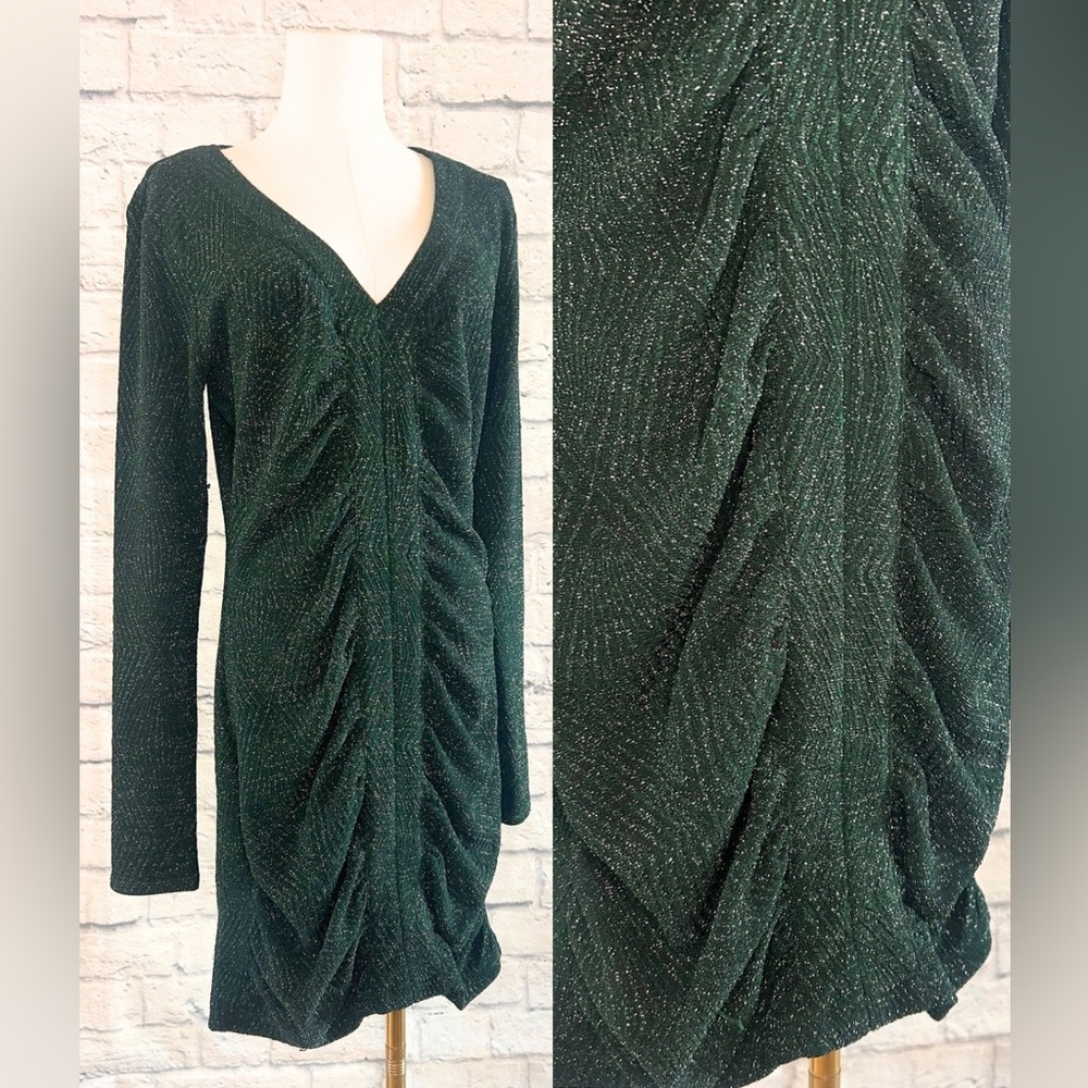 Fall Winter Evening Dress Glitter Sparkle Forest Green Mini Ruched Party Wedding
